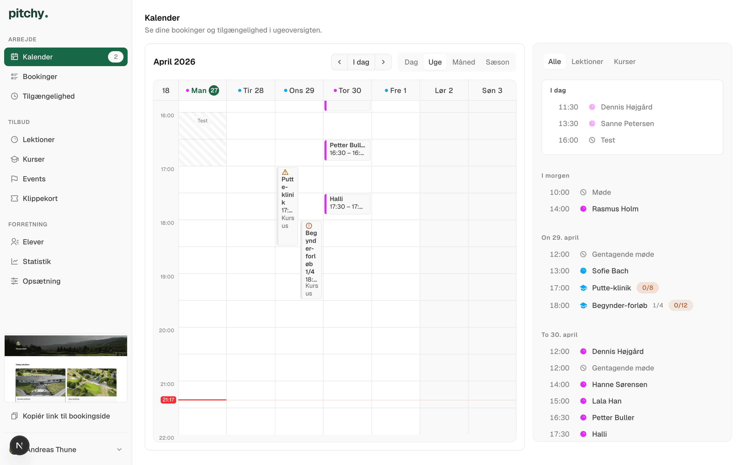 Forhåndsvisning af Pitchys kalender og dashboard